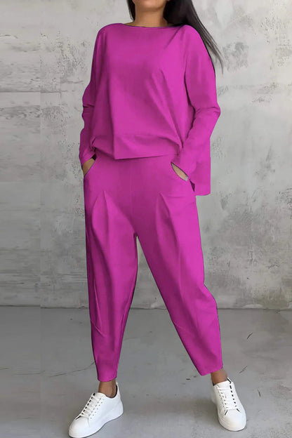 Conjunto informal de dos piezas con cuello redondo, manga larga y bolsillos en color liso (9 colores)