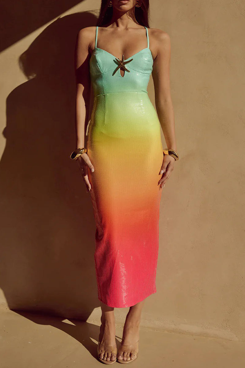 Vestidos sexis de lentejuelas con degradado de color y escote en V con falda de un solo paso