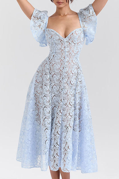 Vestido sexy de color sólido con volantes, escote en V, corte A y manga corta