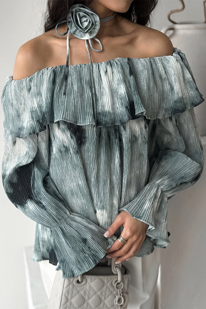 Blusa sexy con hombros descubiertos, flores y volantes teñidos anudados