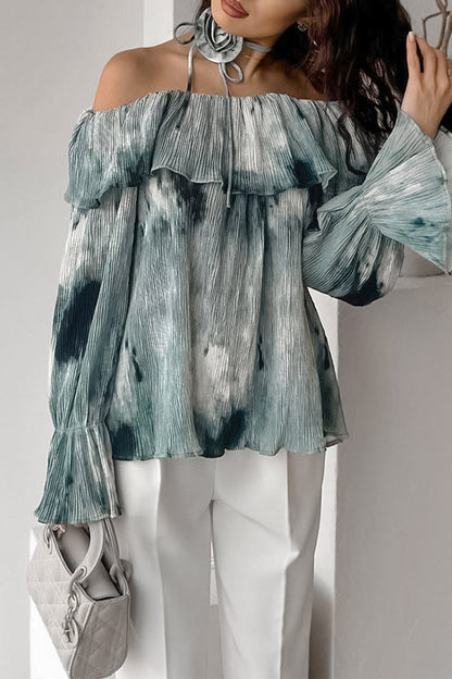 Blusa sexy con hombros descubiertos, flores y volantes teñidos anudados