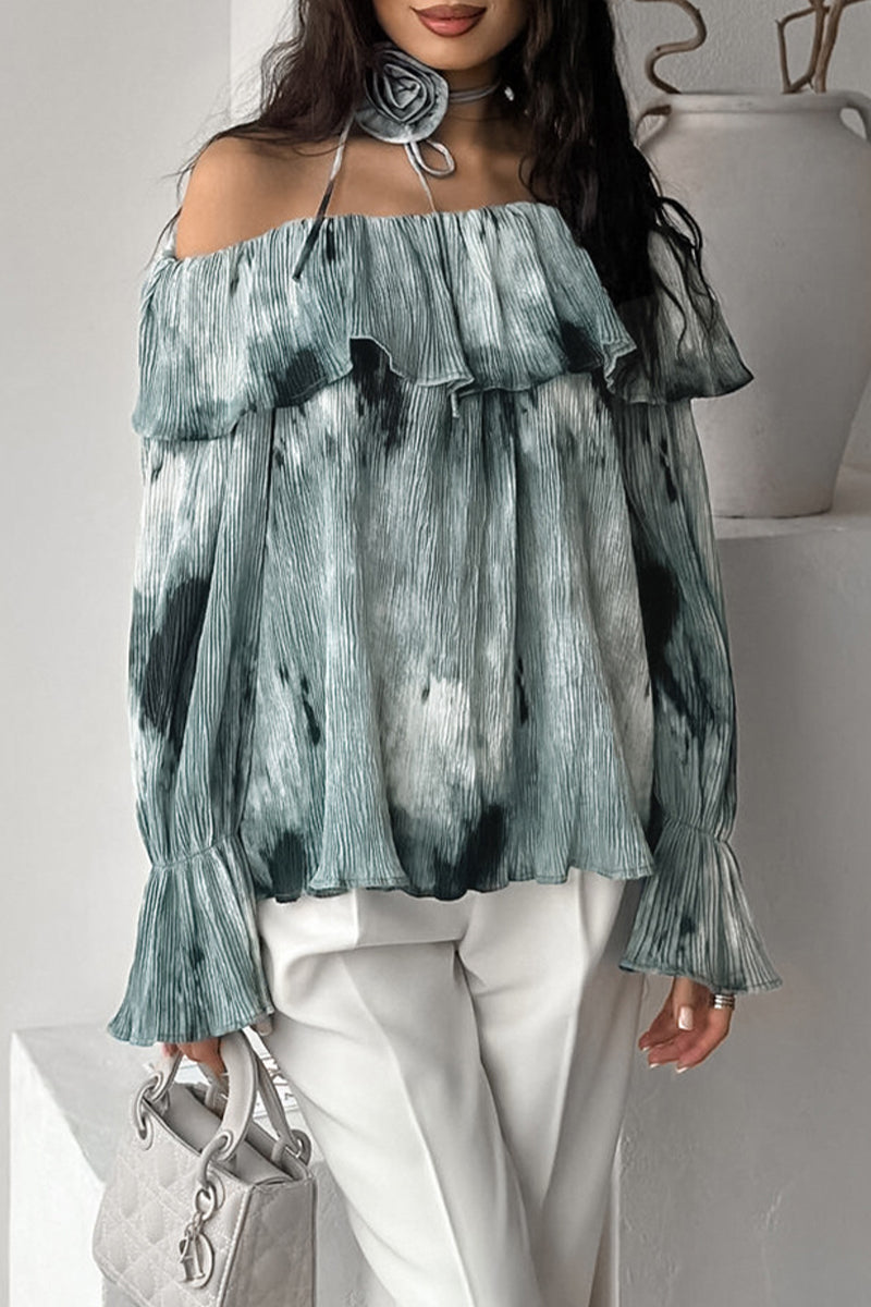 Blusa sexy con hombros descubiertos, flores y volantes teñidos anudados