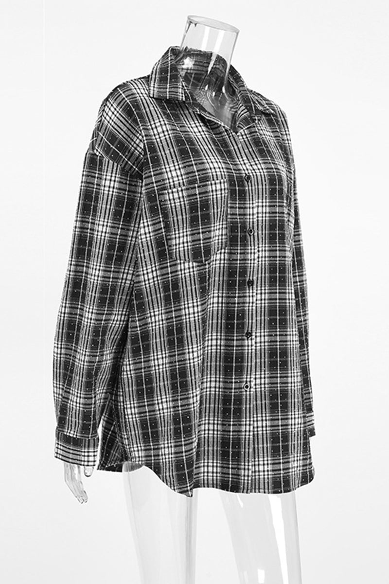 Blusas de cuello vuelto en contraste de Street Daily Plaid Hot Drill