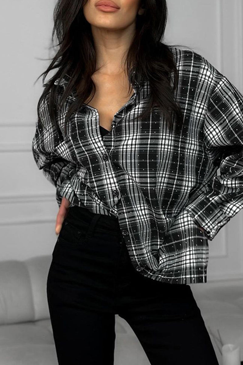 Blusas de cuello vuelto en contraste de Street Daily Plaid Hot Drill