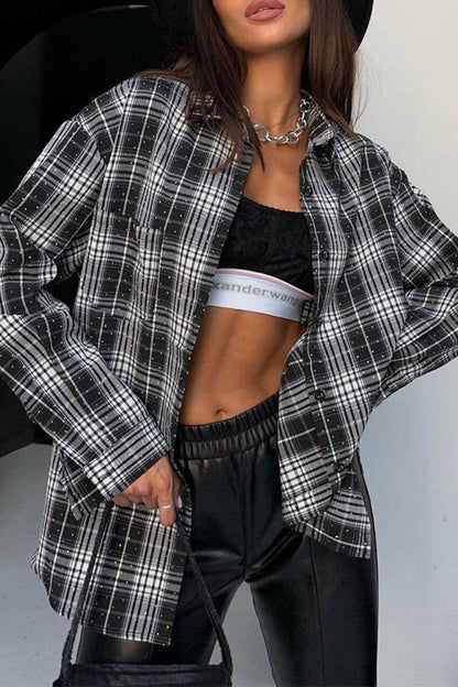 Blusas de cuello vuelto en contraste de Street Daily Plaid Hot Drill