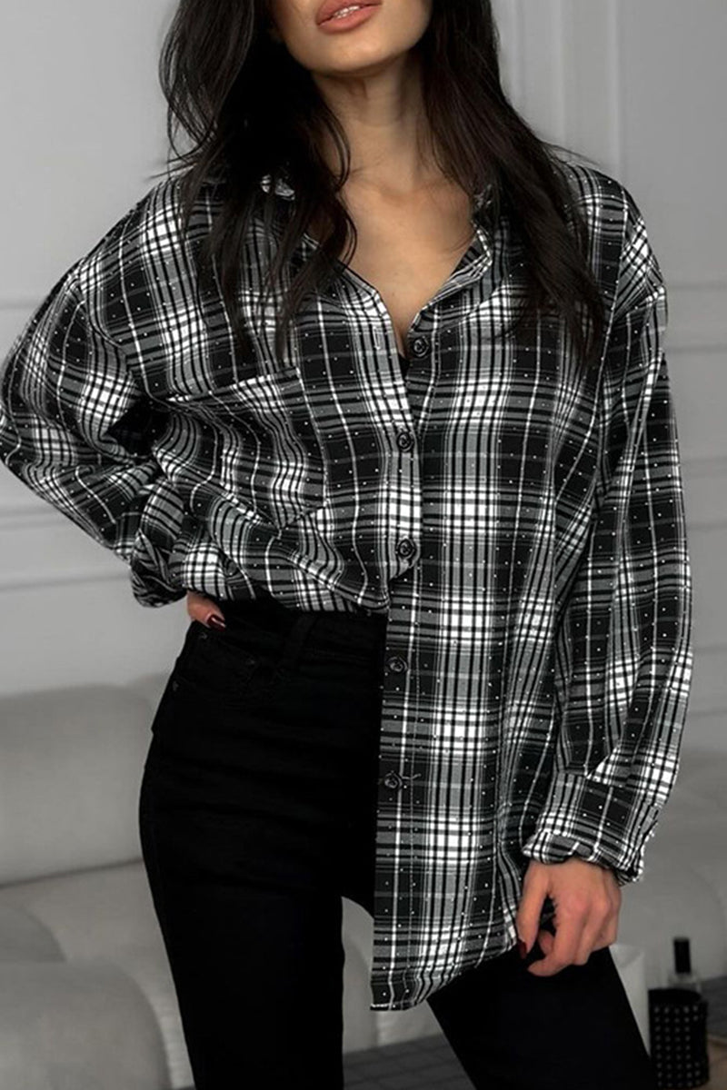 Blusas de cuello vuelto en contraste de Street Daily Plaid Hot Drill