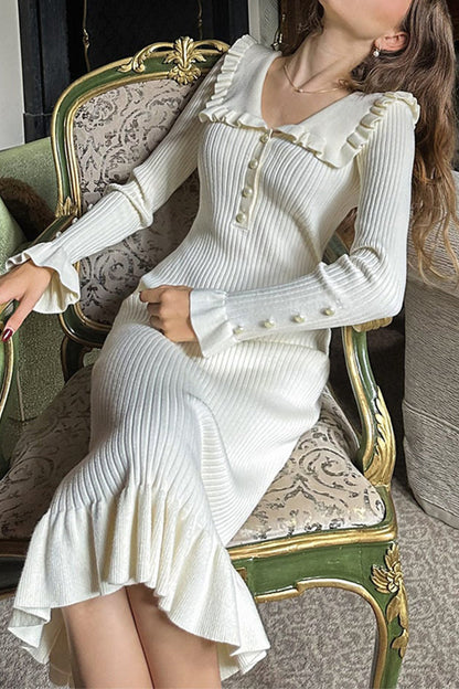 Vestidos elegantes de diario con falda de un solo paso y cuello vuelto con volantes