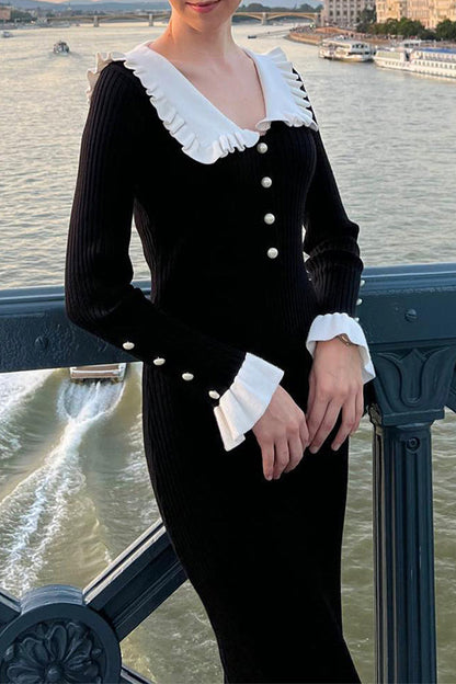 Vestidos elegantes de diario con falda de un solo paso y cuello vuelto con volantes