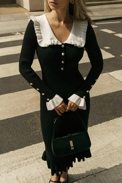 Vestidos elegantes de diario con falda de un solo paso y cuello vuelto con volantes