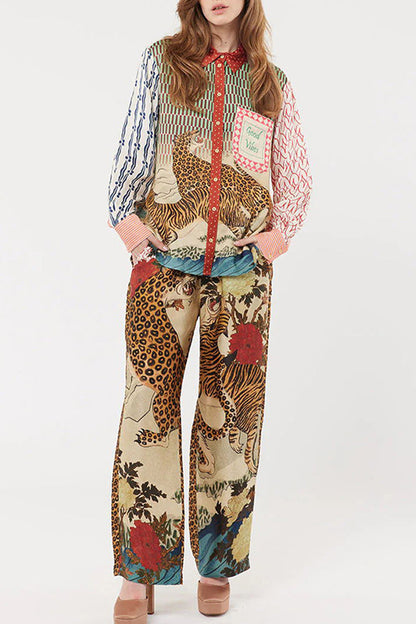 Conjunto informal de dos piezas con estampado de leopardo, botones, cuello vuelto en contraste, manga larga
