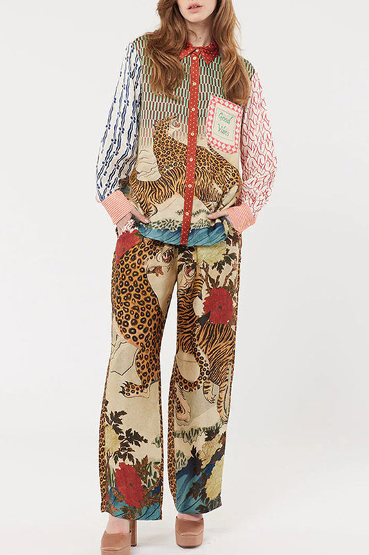 Conjunto informal de dos piezas con estampado de leopardo, botones, cuello vuelto en contraste, manga larga