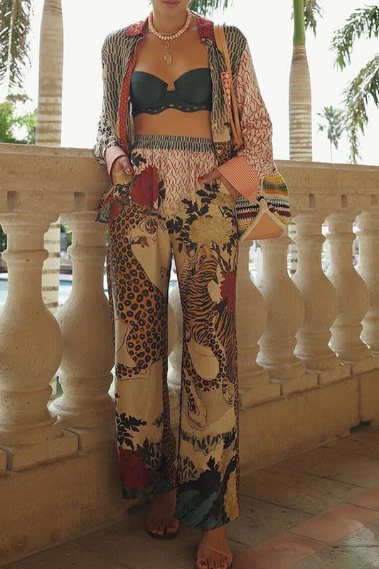 Conjunto informal de dos piezas con estampado de leopardo, botones, cuello vuelto en contraste, manga larga