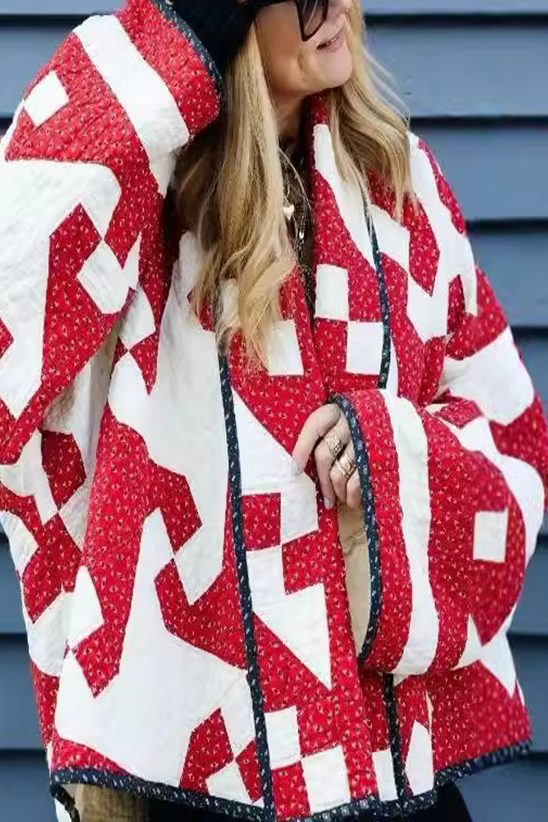 Prenda exterior informal de diario con cuello tipo cárdigan y estampado geométrico en contraste