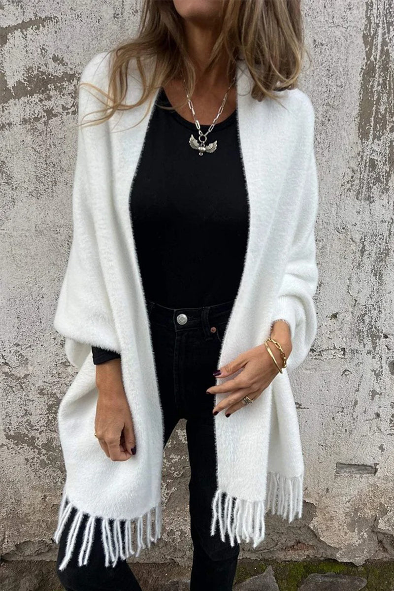 Prenda de abrigo informal con cuello chal esponjoso y ribete de flecos (3 colores)