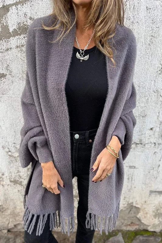 Prenda de abrigo informal con cuello chal esponjoso y ribete de flecos (3 colores)