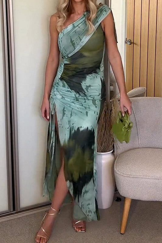 Vestido sexy irregular con hombros caídos, abertura con cordón y estampado degradado