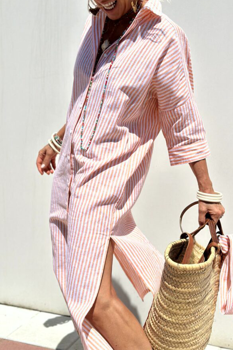 Vestido camisero informal con cuello vuelto, botones y cordones con estampado geométrico (5 colores)