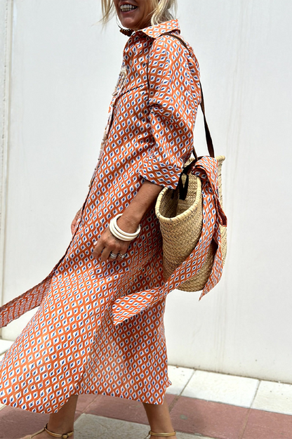 Vestido camisero informal con cuello vuelto, botones y cordones con estampado geométrico (5 colores)