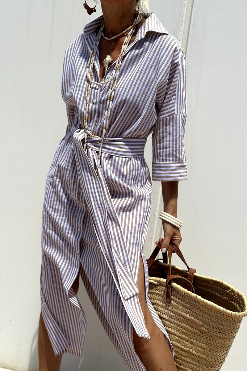 Vestido camisero informal con cuello vuelto, botones y cordones con estampado geométrico (5 colores)