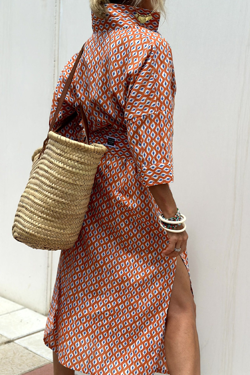 Vestido camisero informal con cuello vuelto, botones y cordones con estampado geométrico (5 colores)