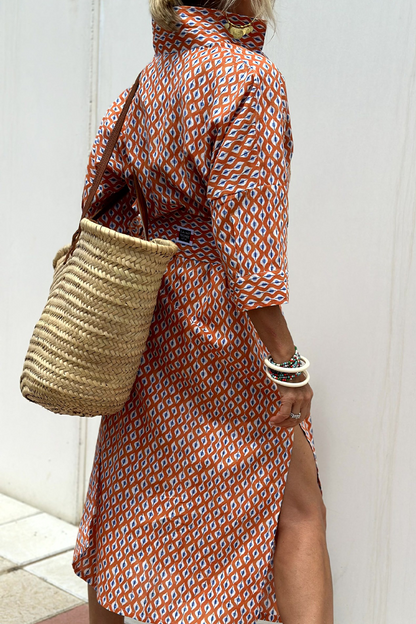 Vestido camisero informal con cuello vuelto, botones y cordones con estampado geométrico (5 colores)