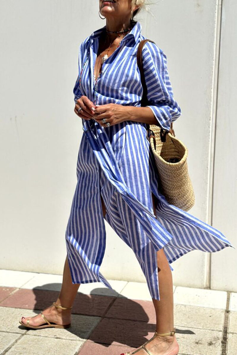 Vestido camisero informal con cuello vuelto, botones y cordones con estampado geométrico (5 colores)