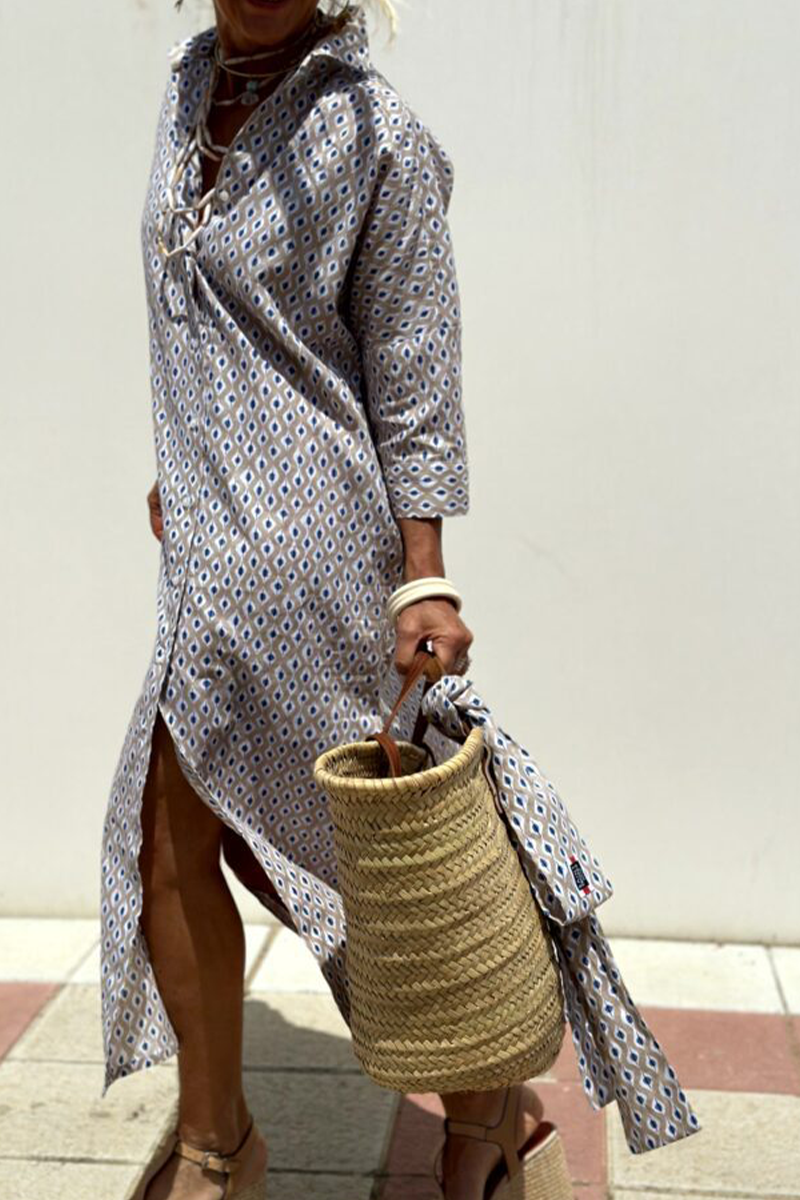 Vestido camisero informal con cuello vuelto, botones y cordones con estampado geométrico (5 colores)