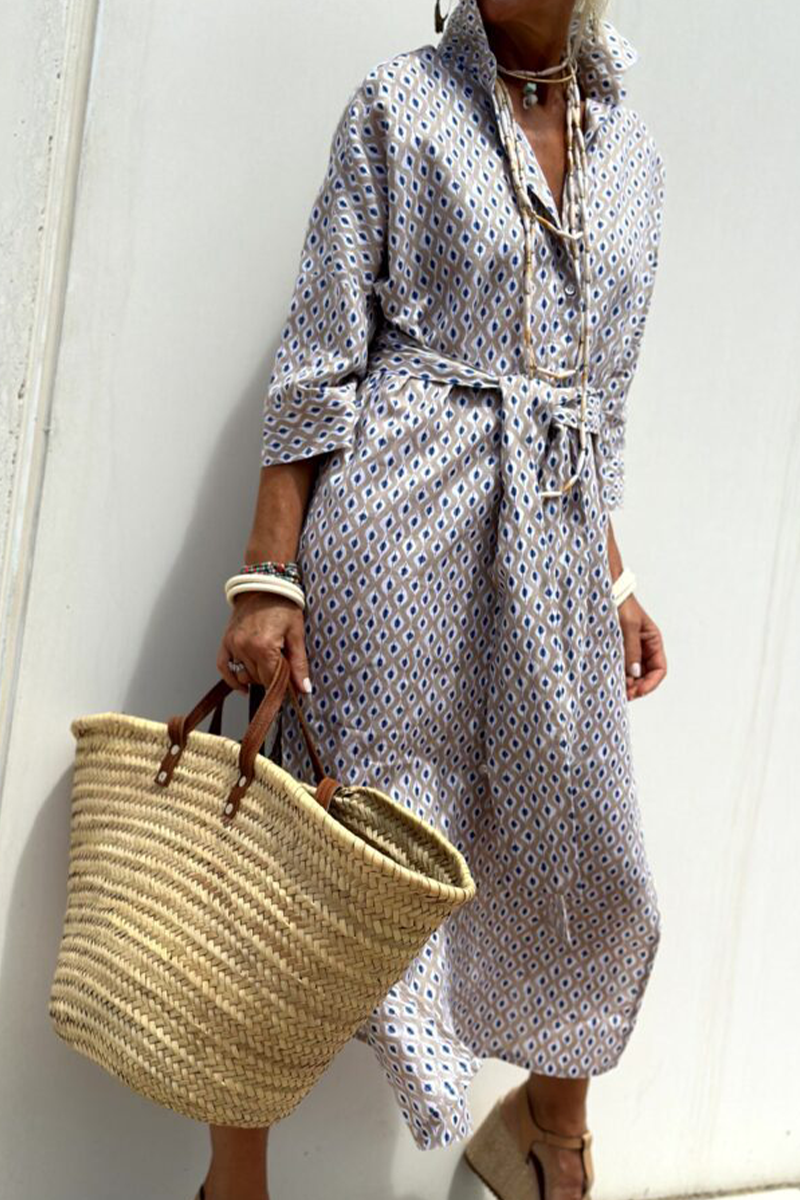 Vestido camisero informal con cuello vuelto, botones y cordones con estampado geométrico (5 colores)