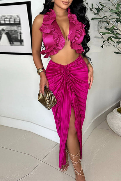 Conjunto de dos piezas sexy de color sólido con espalda descubierta y abertura tipo halter sin mangas