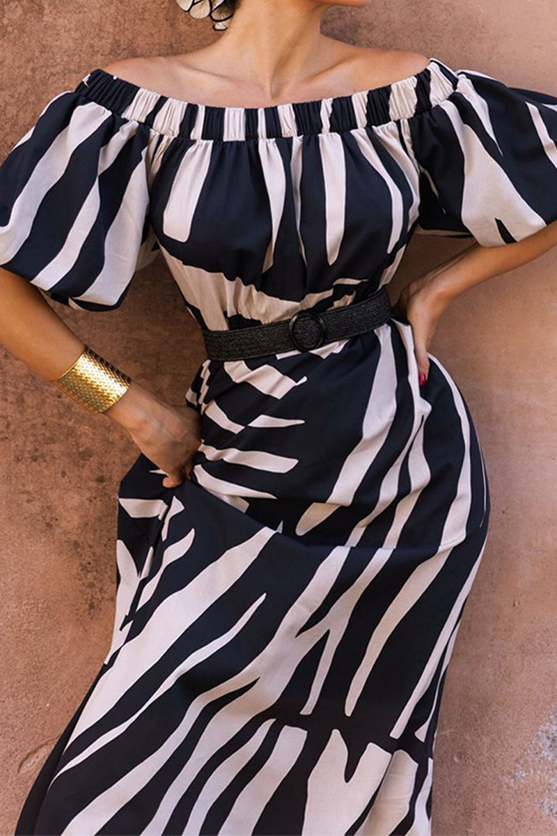 Vestido sexy de corte A con hombros descubiertos y estampado de rayas urbanas sin cinturón (sin cinturón)