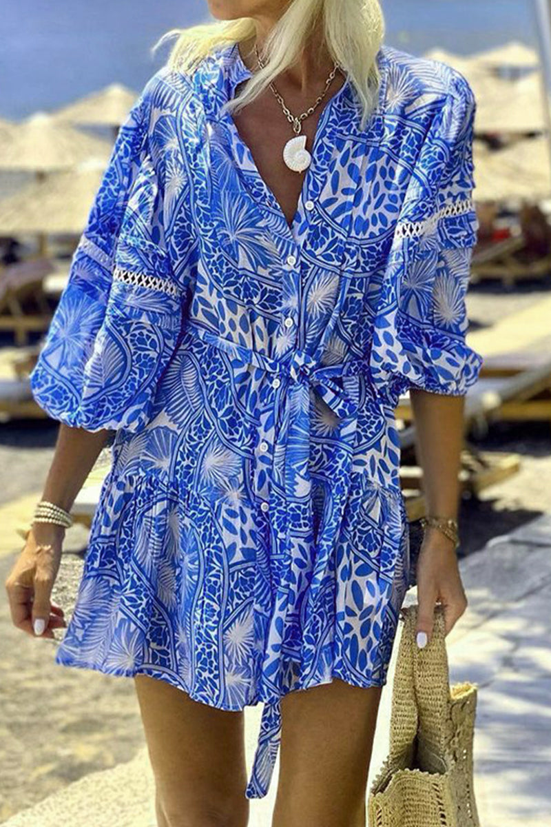 Vestidos casuales de vacaciones con estampado floral, cuello mandarín, falda y cintura con cordones