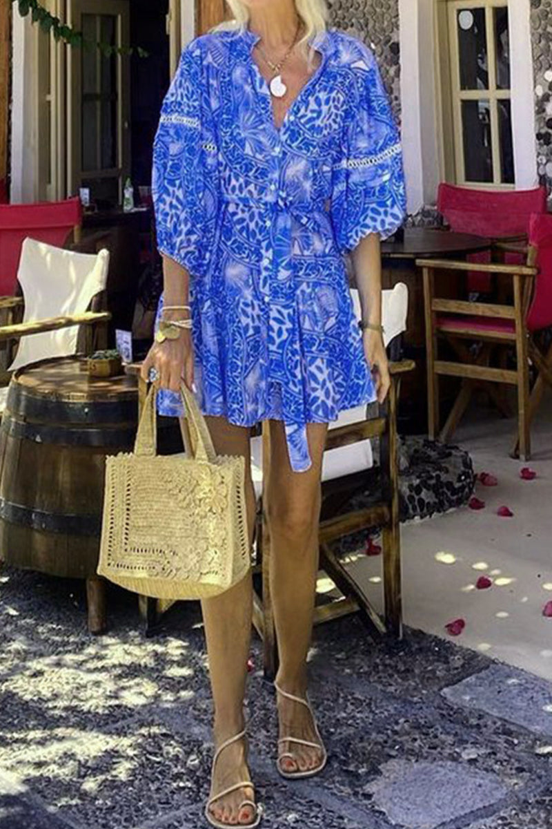 Vestidos casuales de vacaciones con estampado floral, cuello mandarín, falda y cintura con cordones