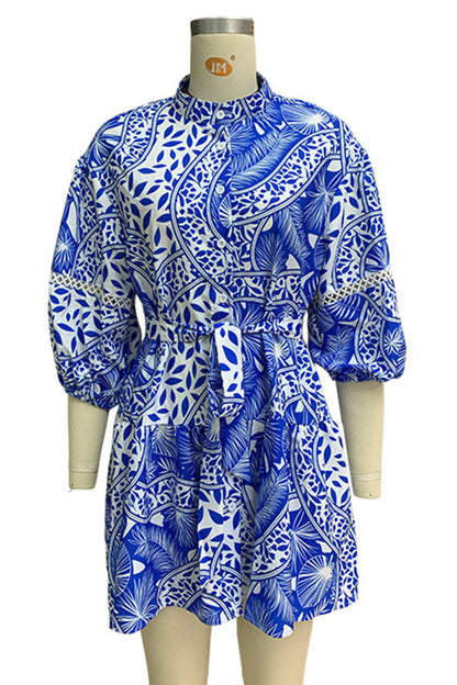 Vestidos casuales de vacaciones con estampado floral, cuello mandarín, falda y cintura con cordones