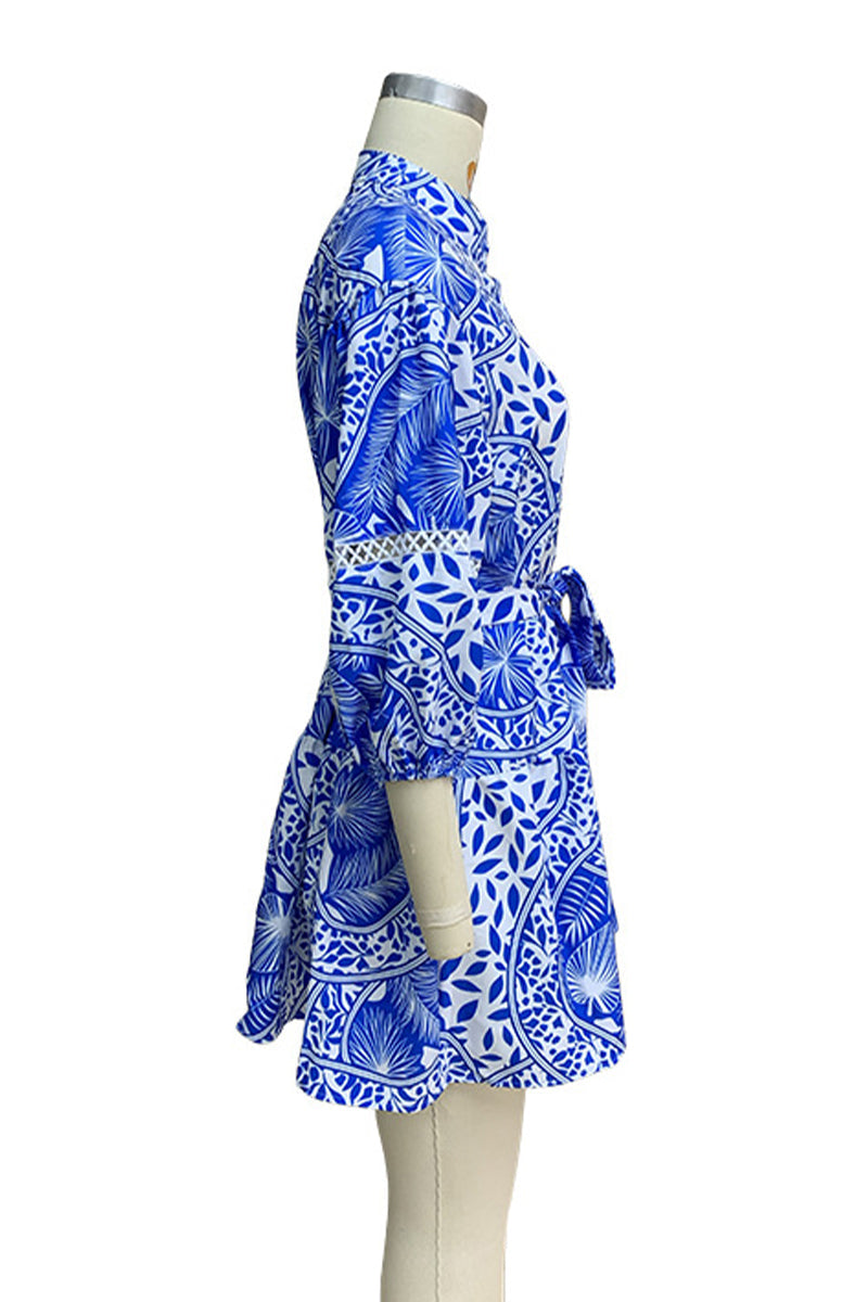 Vestidos casuales de vacaciones con estampado floral, cuello mandarín, falda y cintura con cordones