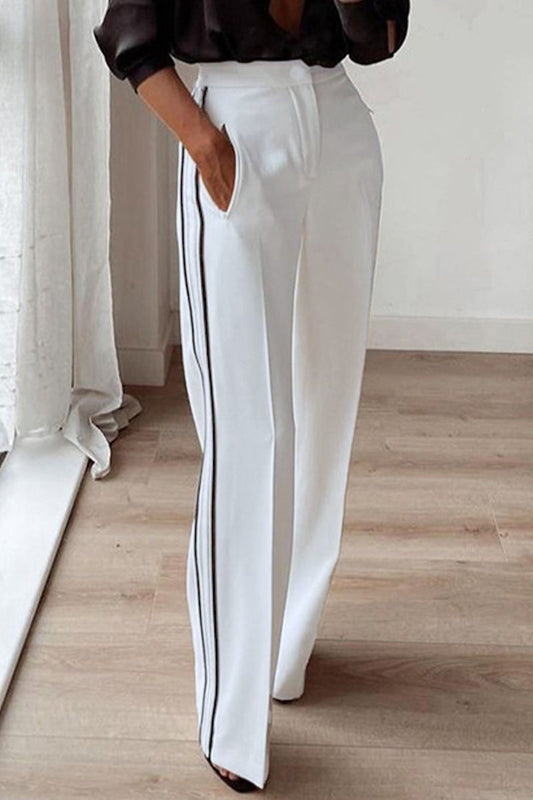 Pantalones casuales de rayas con estampado de bolsillos y botones de patchwork, sueltos, de cintura alta y rectos
