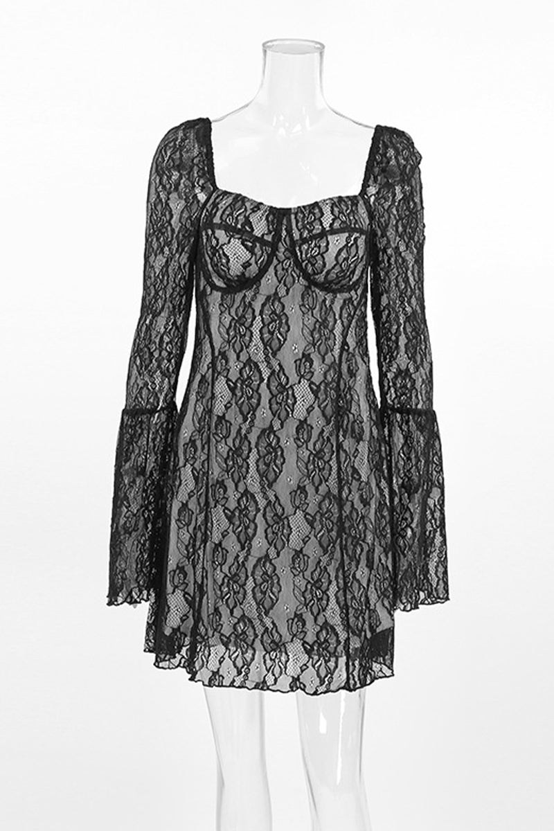 Vestido de encaje sexy con escote cuadrado y encaje