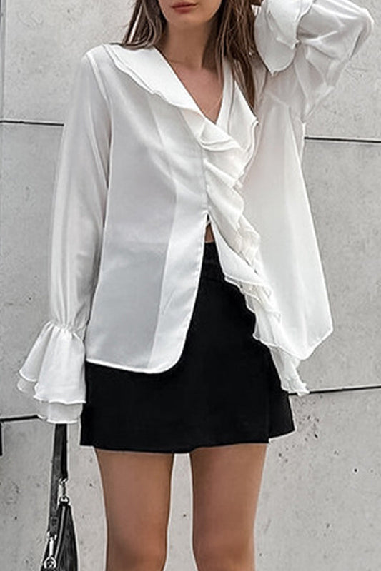 Elegantes blusas de cuello en V con volantes de color sólido