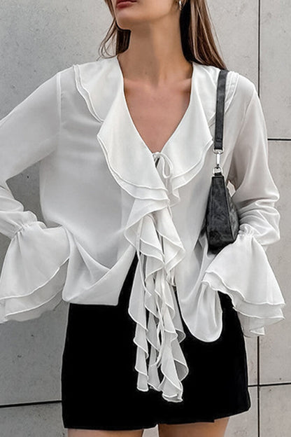 Elegantes blusas de cuello en V con volantes de color sólido