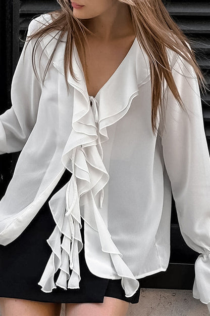 Elegantes blusas de cuello en V con volantes de color sólido