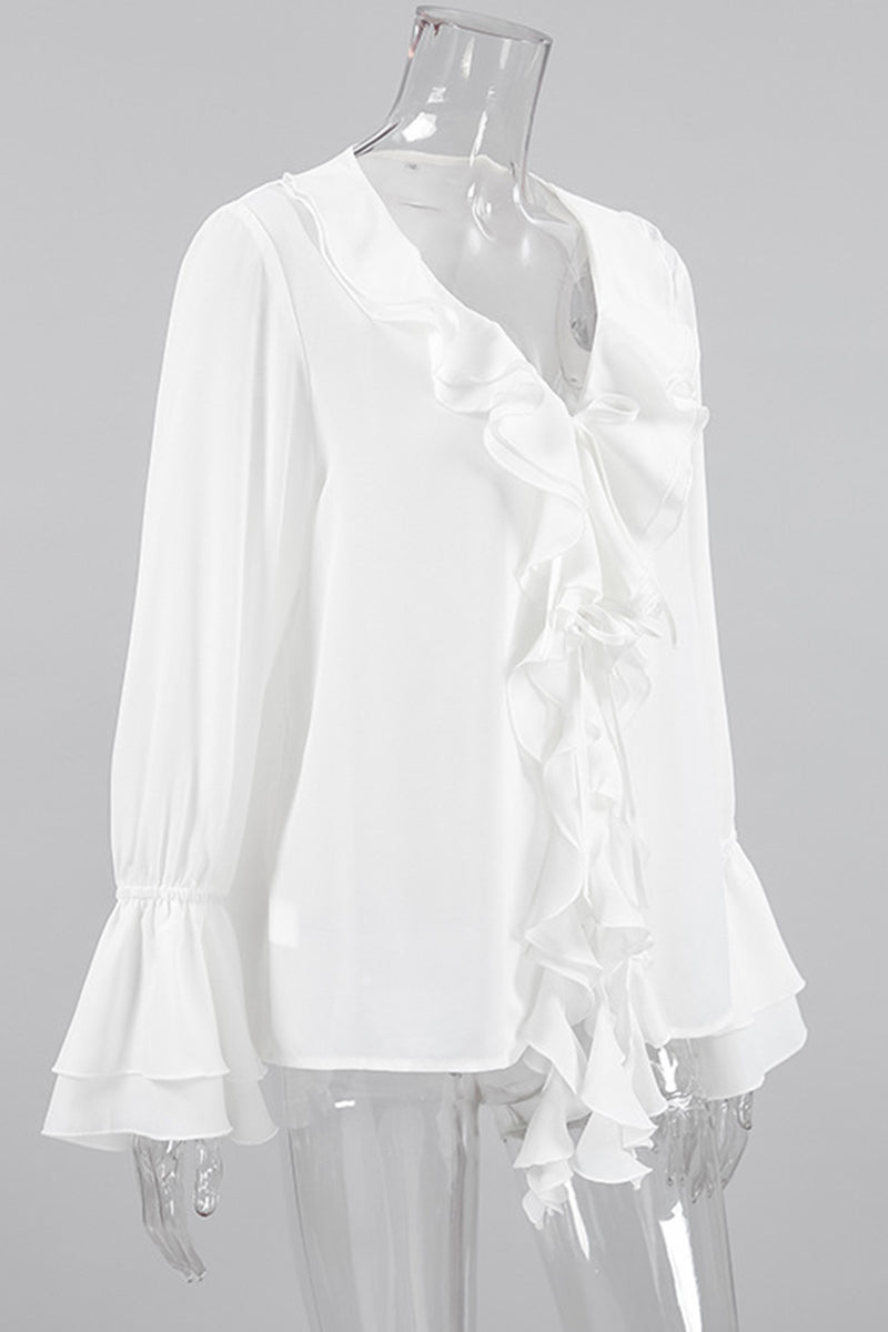 Elegantes blusas de cuello en V con volantes de color sólido