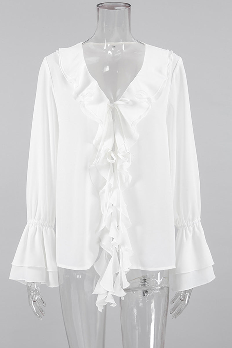 Elegantes blusas de cuello en V con volantes de color sólido