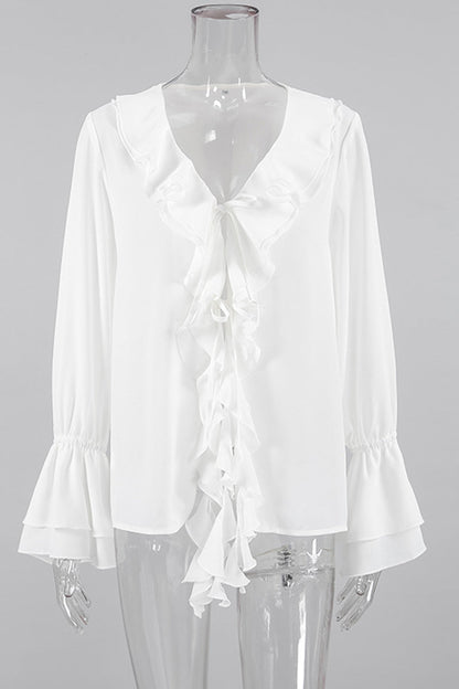 Elegantes blusas de cuello en V con volantes de color sólido