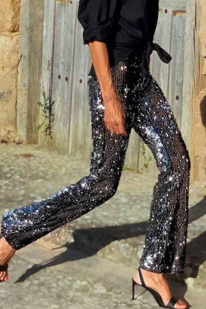 Pantalones casuales de calle con lentejuelas, sueltos, de cintura alta, rectos y con parches