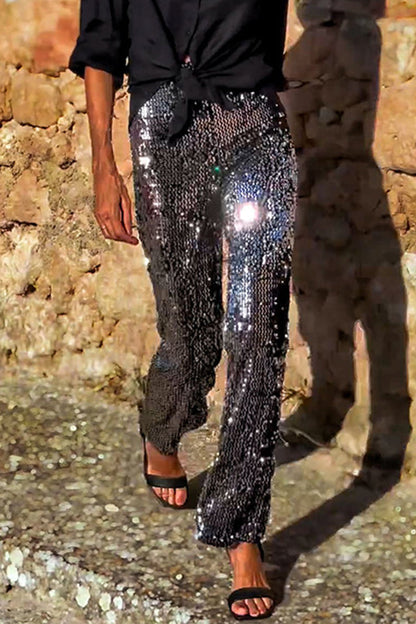 Pantalones casuales de calle con lentejuelas, sueltos, de cintura alta, rectos y con parches