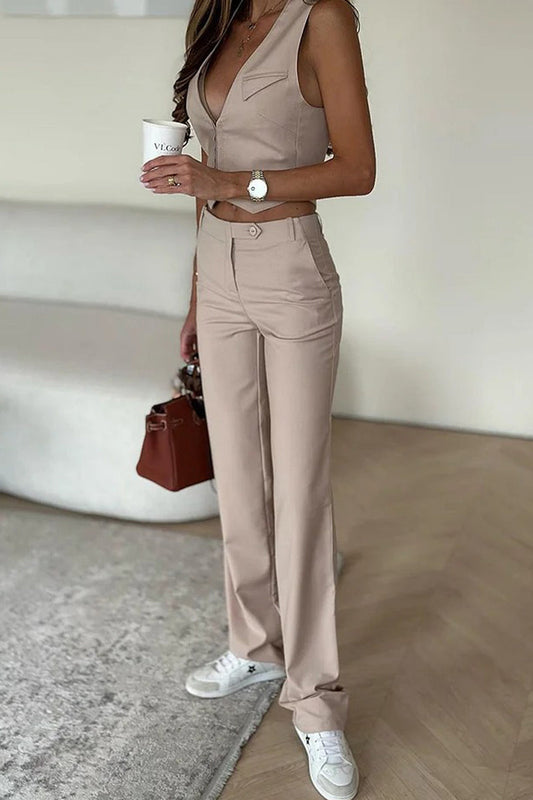 Conjunto informal de dos piezas con cuello en V, sin mangas y botones y bolsillos