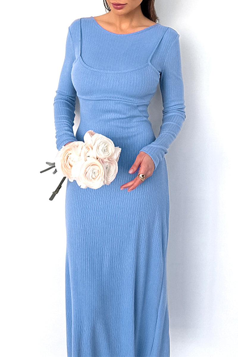 Vestidos elegantes de calle con falda de un solo paso y cuello redondo con agujeros (falso dos piezas)