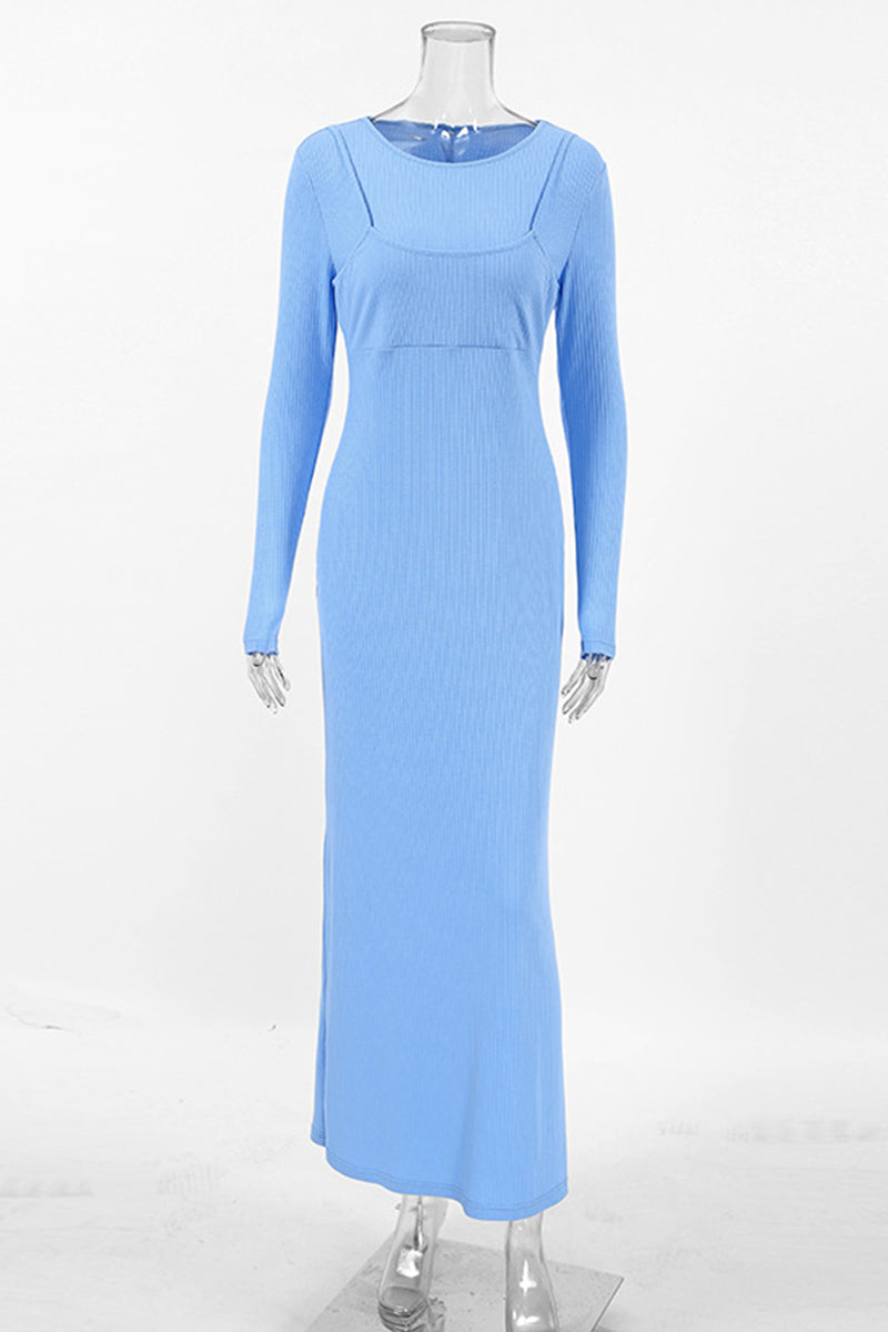 Vestidos elegantes de calle con falda de un solo paso y cuello redondo con agujeros (falso dos piezas)
