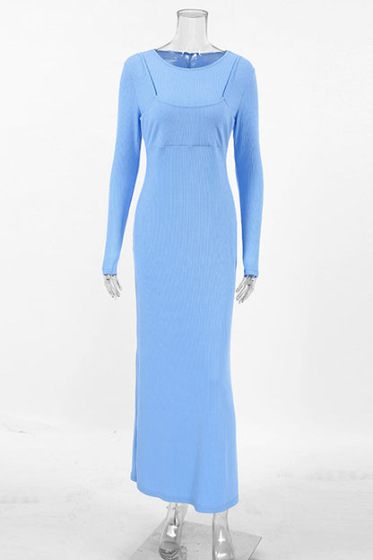 Vestidos elegantes de calle con falda de un solo paso y cuello redondo con agujeros (falso dos piezas)