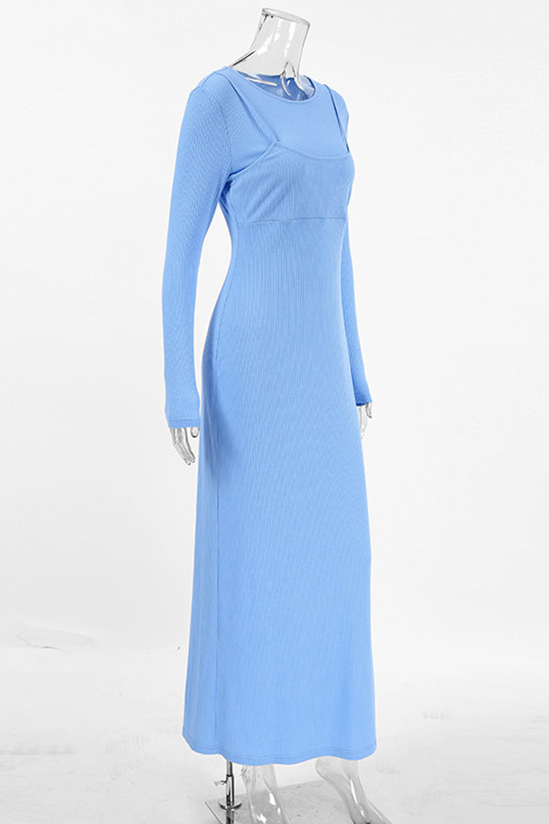 Vestidos elegantes de calle con falda de un solo paso y cuello redondo con agujeros (falso dos piezas)