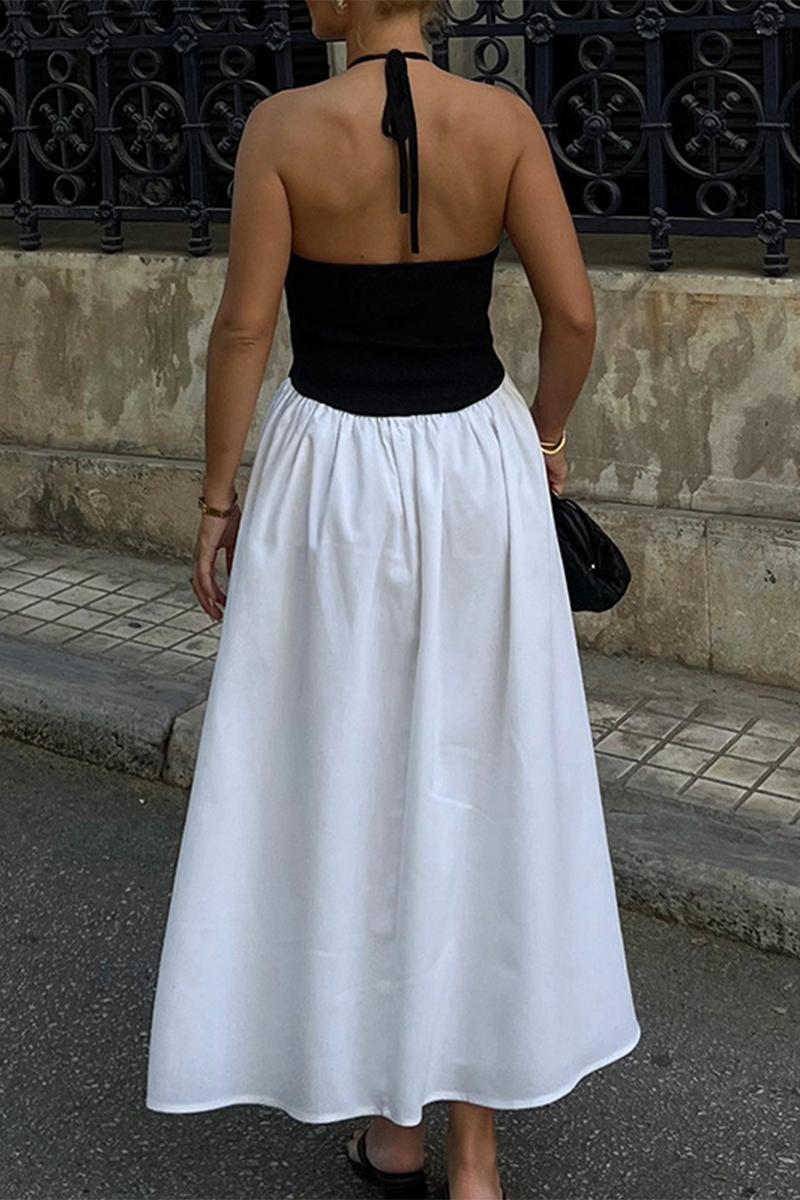 Vestidos sexys sin mangas con cuello halter, bolsillos y cordones en contraste